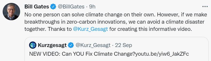 Bill Gates tweet on Kurzgesagt climate video